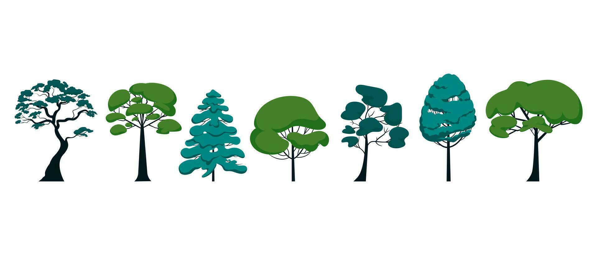 reeks van verschillend pijnboom en hardhout bomen horizontaal regeling. vector illustratie van park en natuur geïsoleerd voorwerpen Aan wit