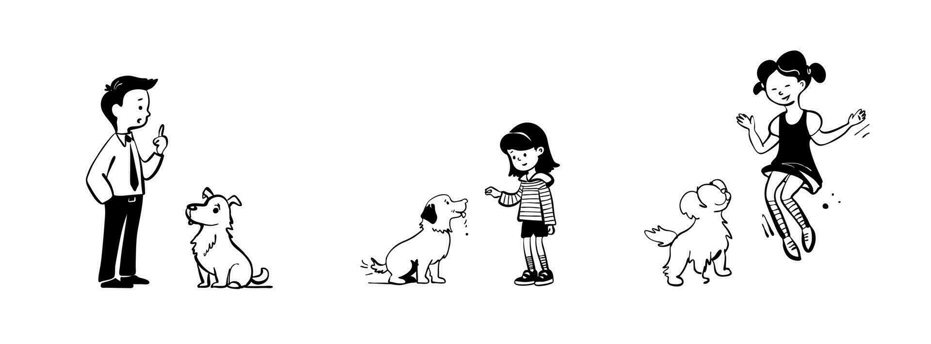 hand- getrokken tekening illustratie van kinderen opleiding hun honden en puppy's vector