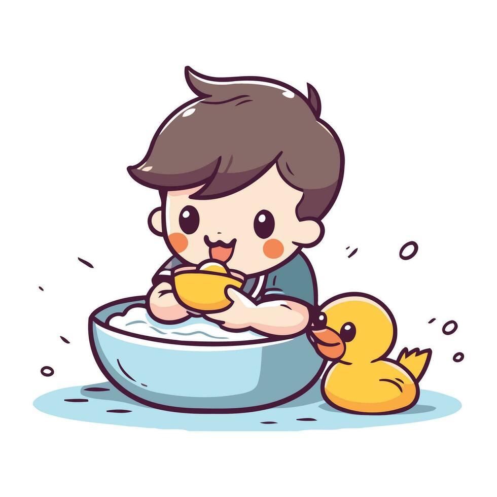 schattig jongen nemen een bad met eendjes. vector illustratie.