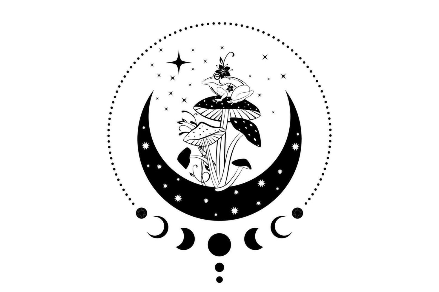 geestelijk heilig kikker over- magie paddestoel in hekserij halve maan maan. mystiek hemel- pad met maan fasen en sterren. witchy esoterisch schimmel logo tatoeëren. wicca clip art geïsoleerd Aan wit vector