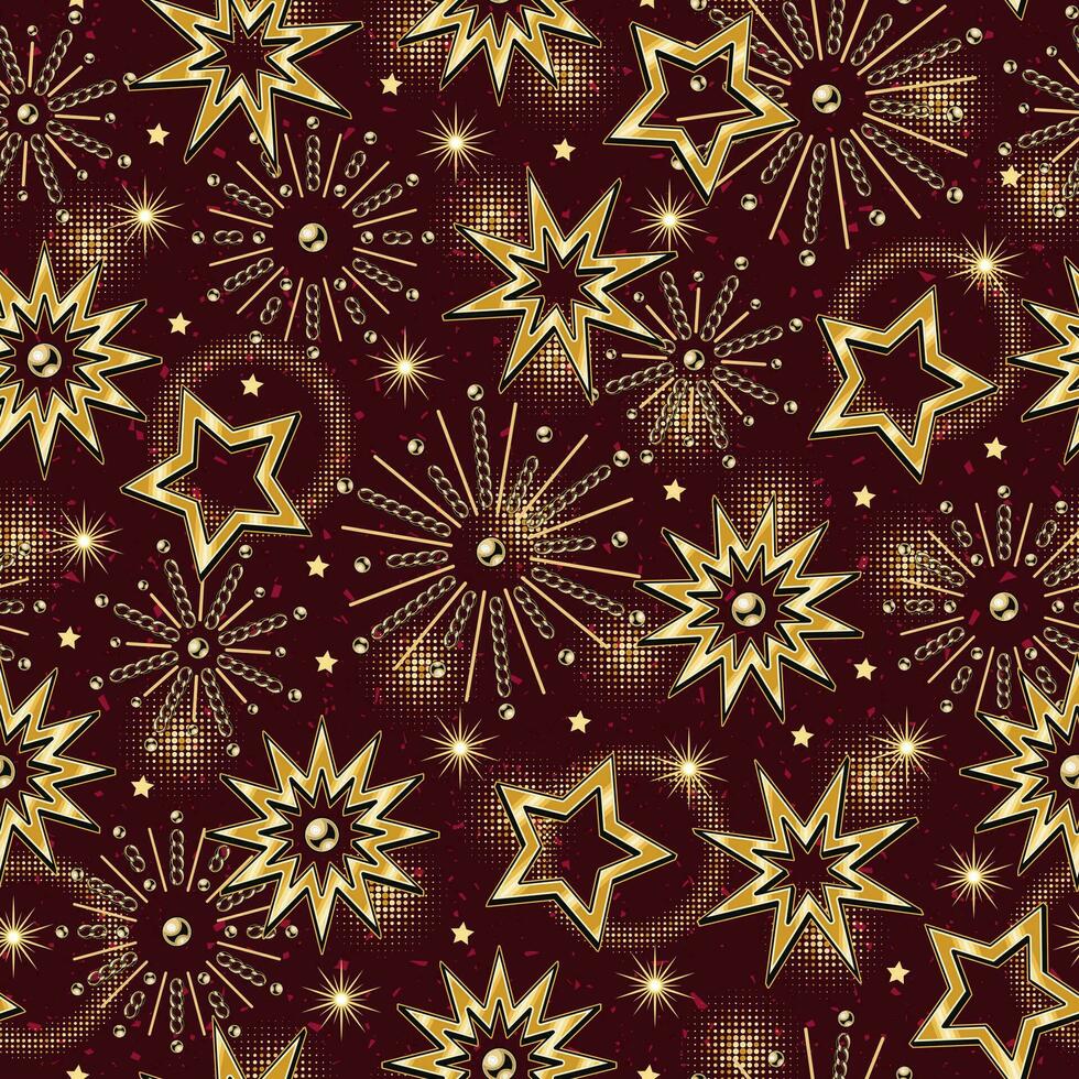 naadloos patroon met vuurwerk, groot gouden sterren vector