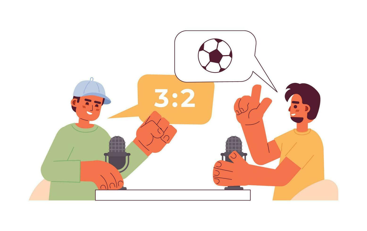 verschillend voetbal fans bespreken bij elkaar passen met microfoons 2d tekenfilm karakters. podcast sport- omroepers geïsoleerd vector mensen wit achtergrond. mic commentatoren kleur vlak plek illustratie