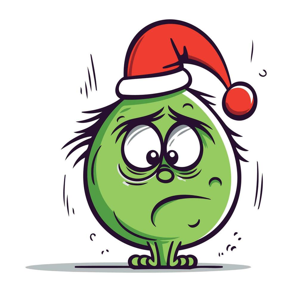 grappig groen monster in rood de kerstman hoed. vector illustratie.