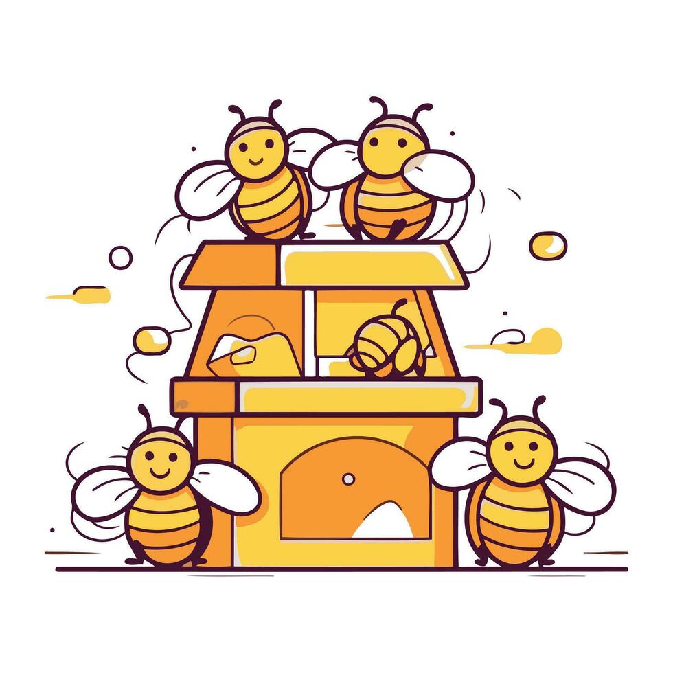 vector illustratie van schattig tekenfilm bijen vliegend naar de bijenkorf.