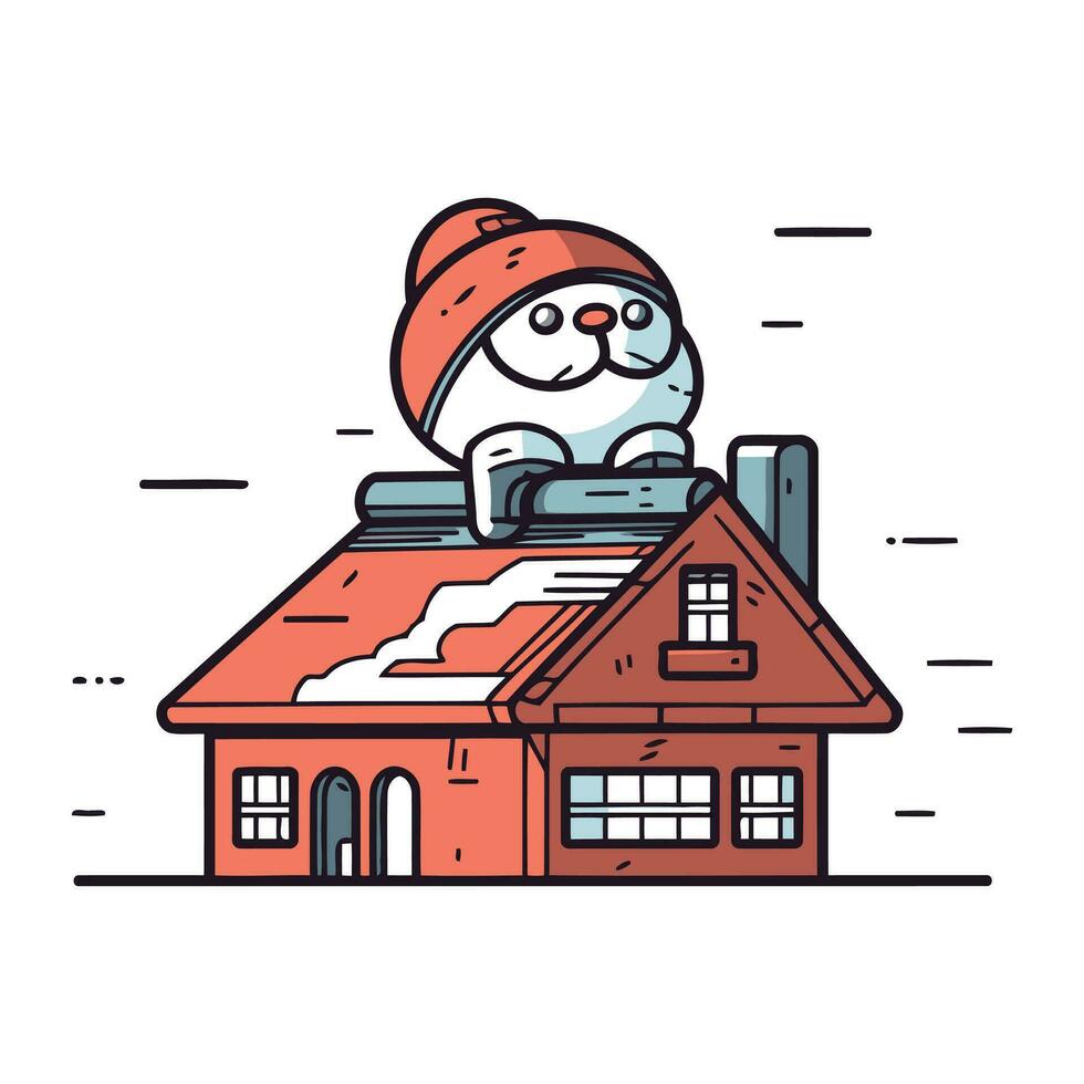 schattig kat in de kerstman claus hoed zittend Aan dak van huis. vector illustratie.