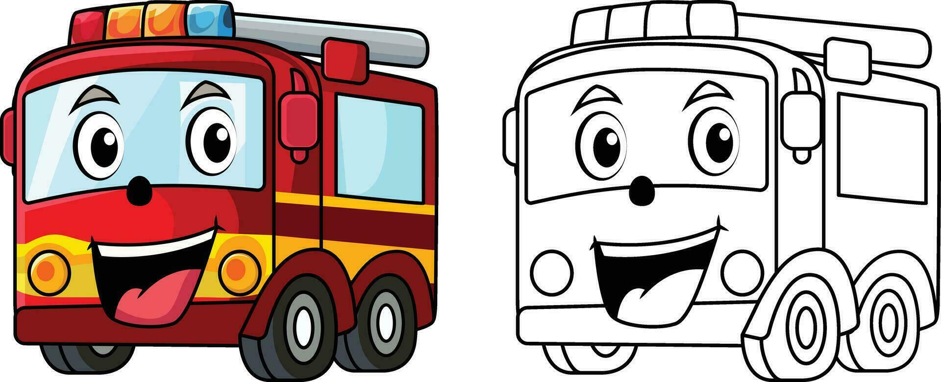 gelukkig brand vrachtwagen, brand motor tekenfilm vector illustratie, brandweerwagen mascotte karakter met een gelukkig gezicht gekleurde en zwart en wit tekenfilm vector beeld