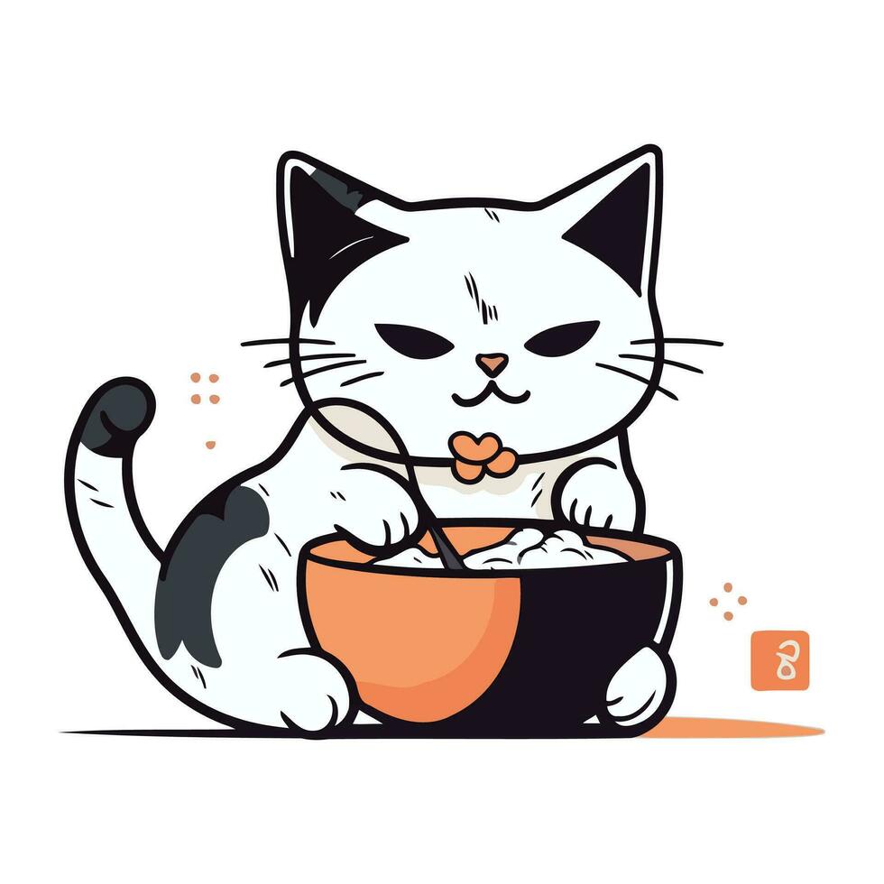 schattig kat aan het eten van een kom van granen. vector illustratie.