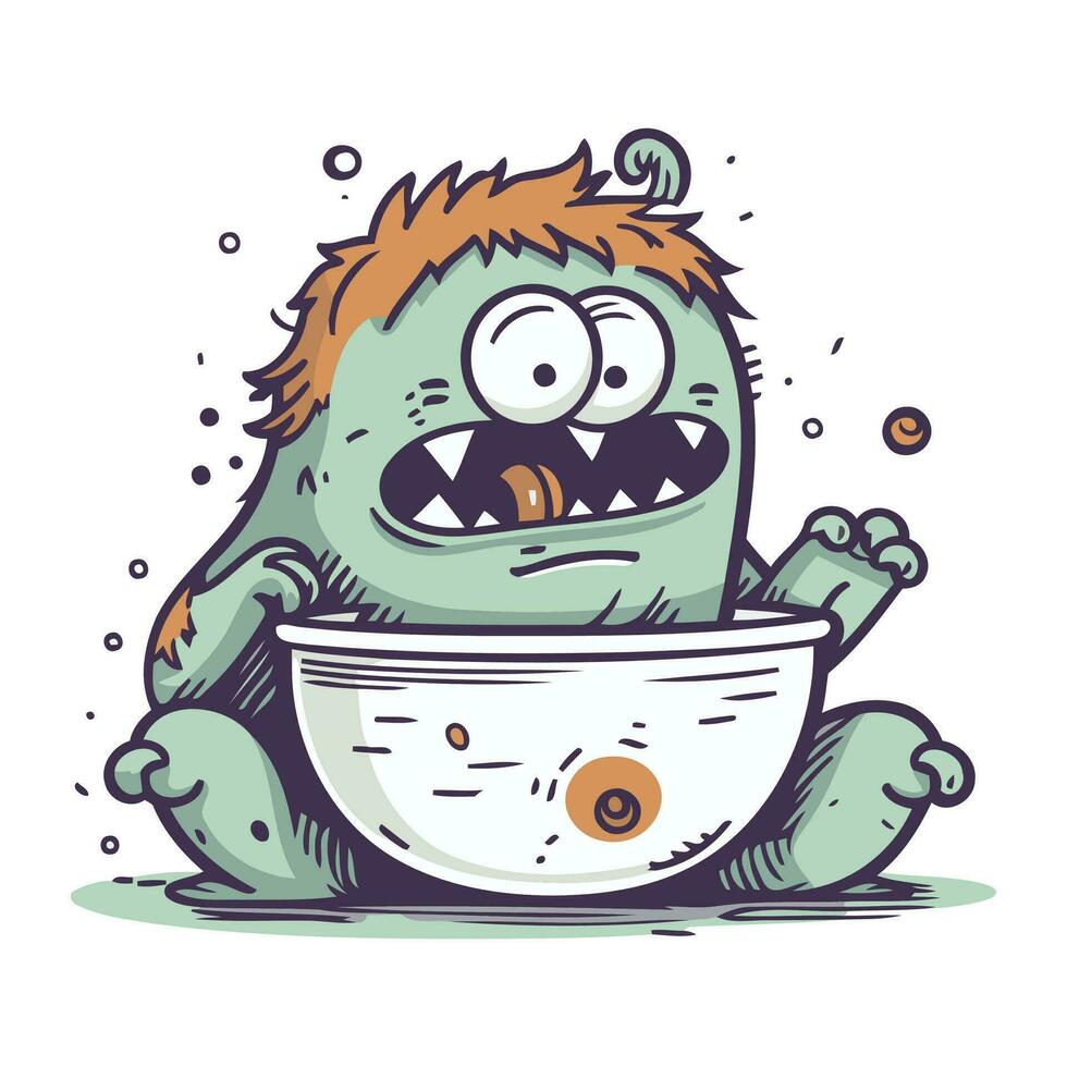 grappig tekenfilm monster met een kom van soep. vector illustratie.