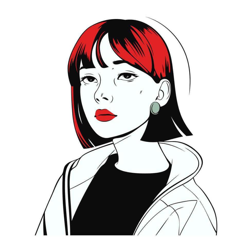 mooi jong vrouw met rood haar- en zwart jasje. vector illustratie