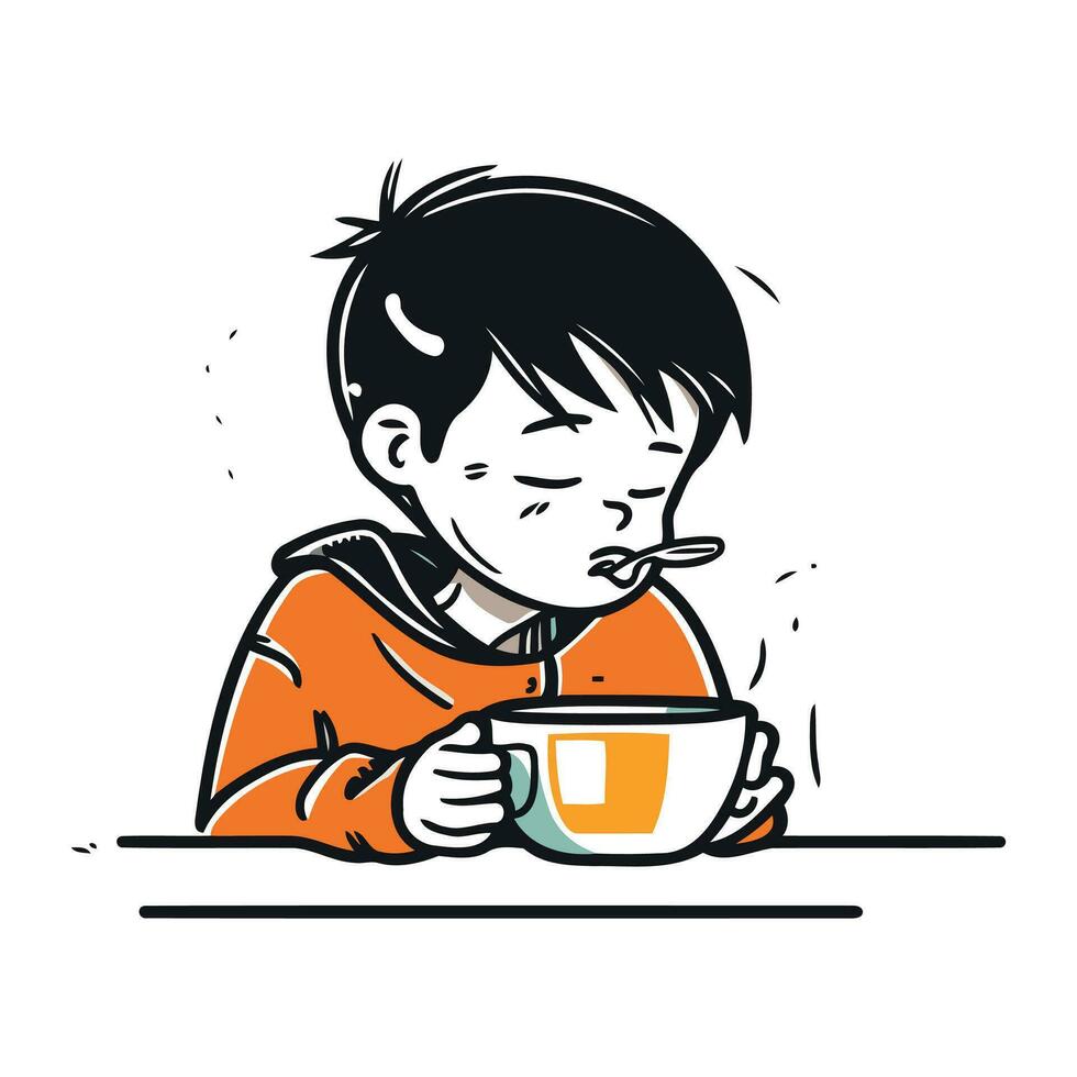 jongen aan het eten een kop van thee. vector hand- getrokken tekenfilm illustratie.