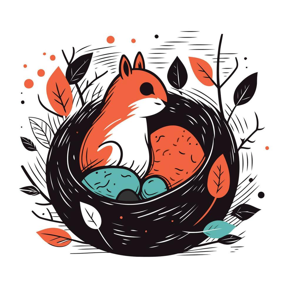 hand- getrokken vector illustratie van schattig eekhoorn in een nest met eieren.