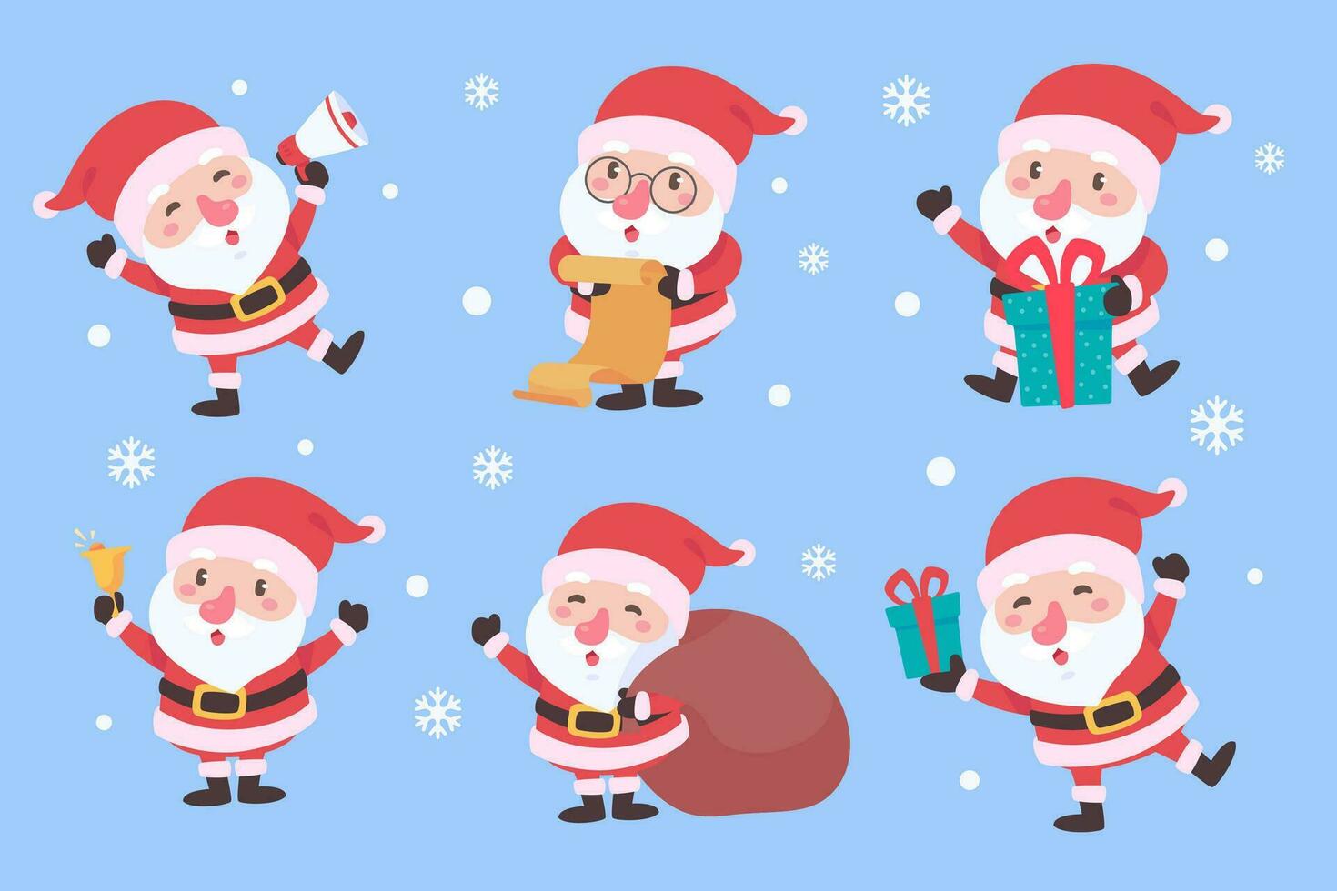de kerstman claus. dik Mens met een wit baard. slijtage een rood kostuum in divers poseert. naar geven cadeaus Aan Kerstmis dag vector