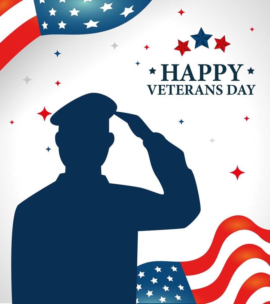 gelukkige veteranendagviering met silhouetmilitair en vlag vector