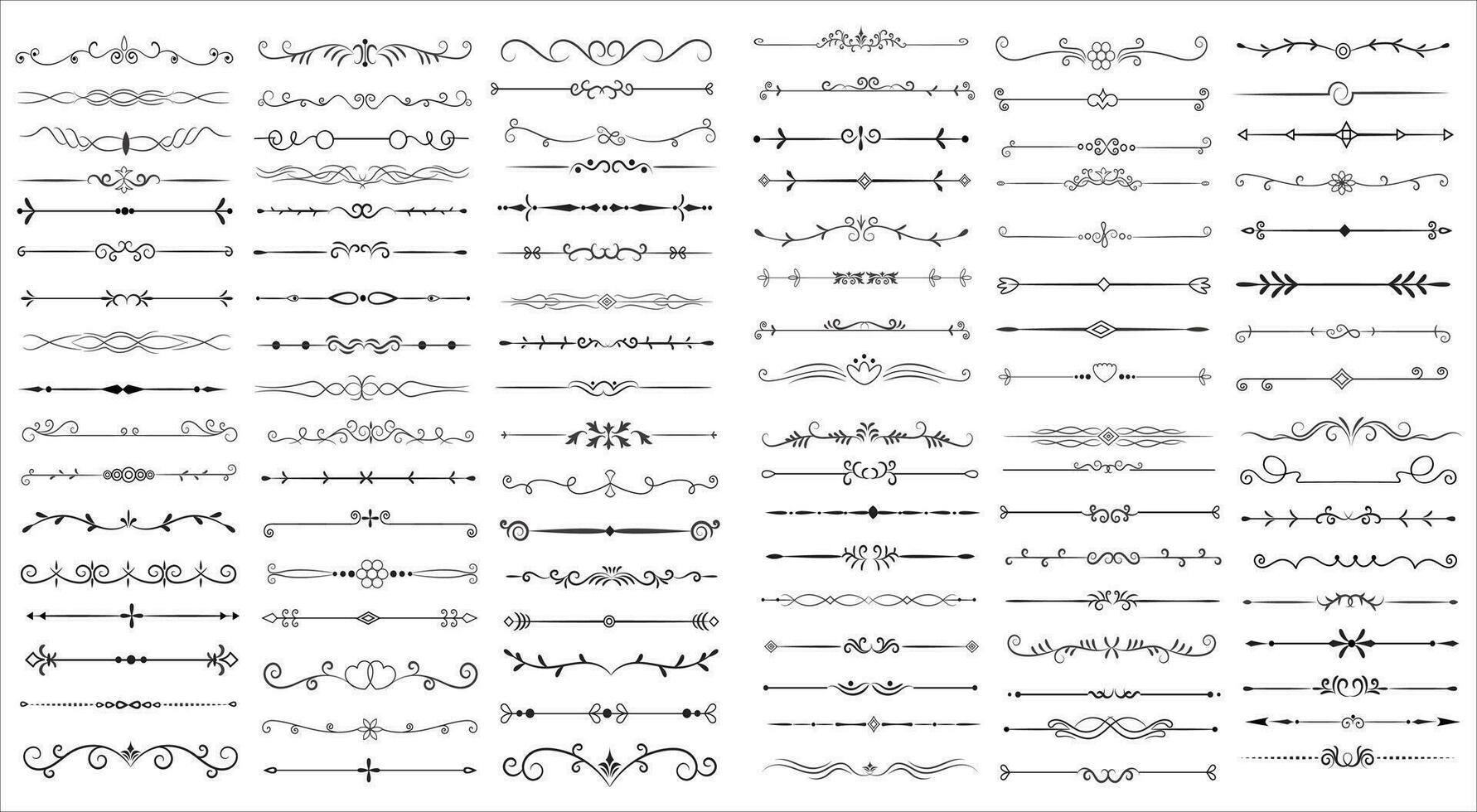 bladzijde verdeler en ontwerp elementen. reeks van divers gemakkelijk zwart verdeler ontwerp, geassorteerd verdeler verzameling sjabloon vector. verzameling van bloemen verdelers elementen mega decoratie voor kalligrafie. vector