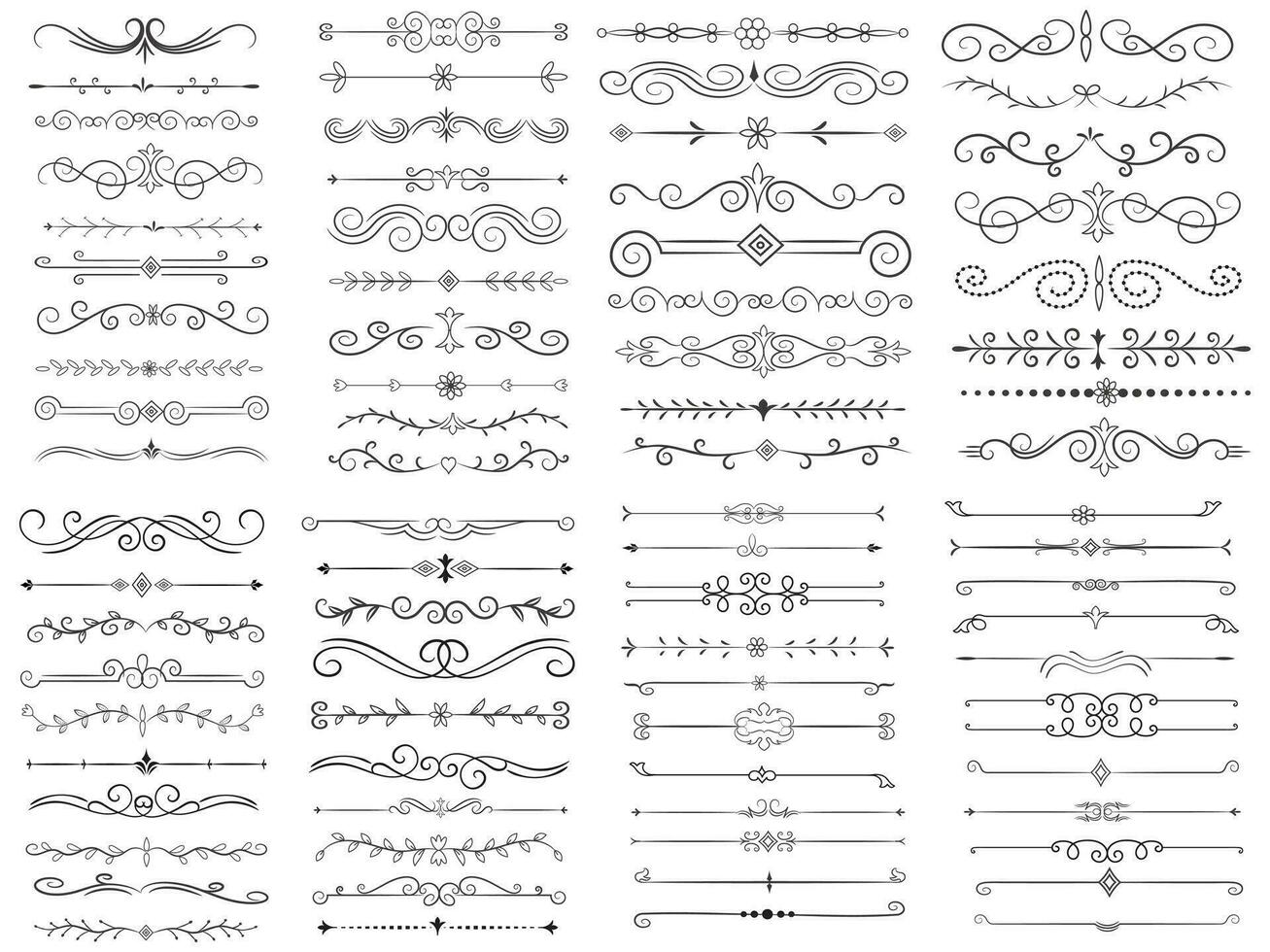 bladzijde verdeler en ontwerp elementen. reeks van divers gemakkelijk zwart verdeler ontwerp, geassorteerd verdeler verzameling sjabloon vector. verzameling van bloemen verdelers elementen mega decoratie voor kalligrafie. vector