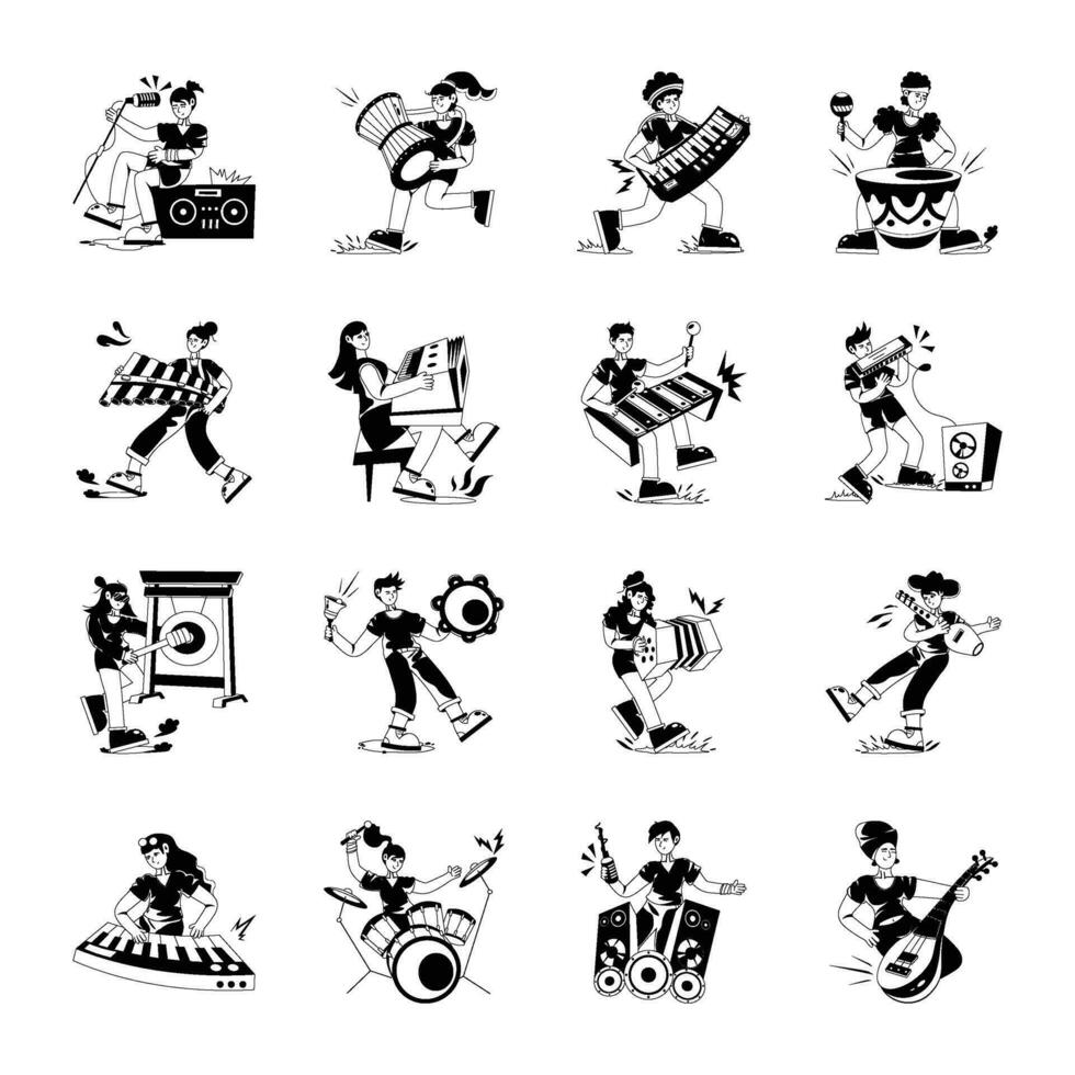 verzameling van instrument spelers glyph illustraties vector