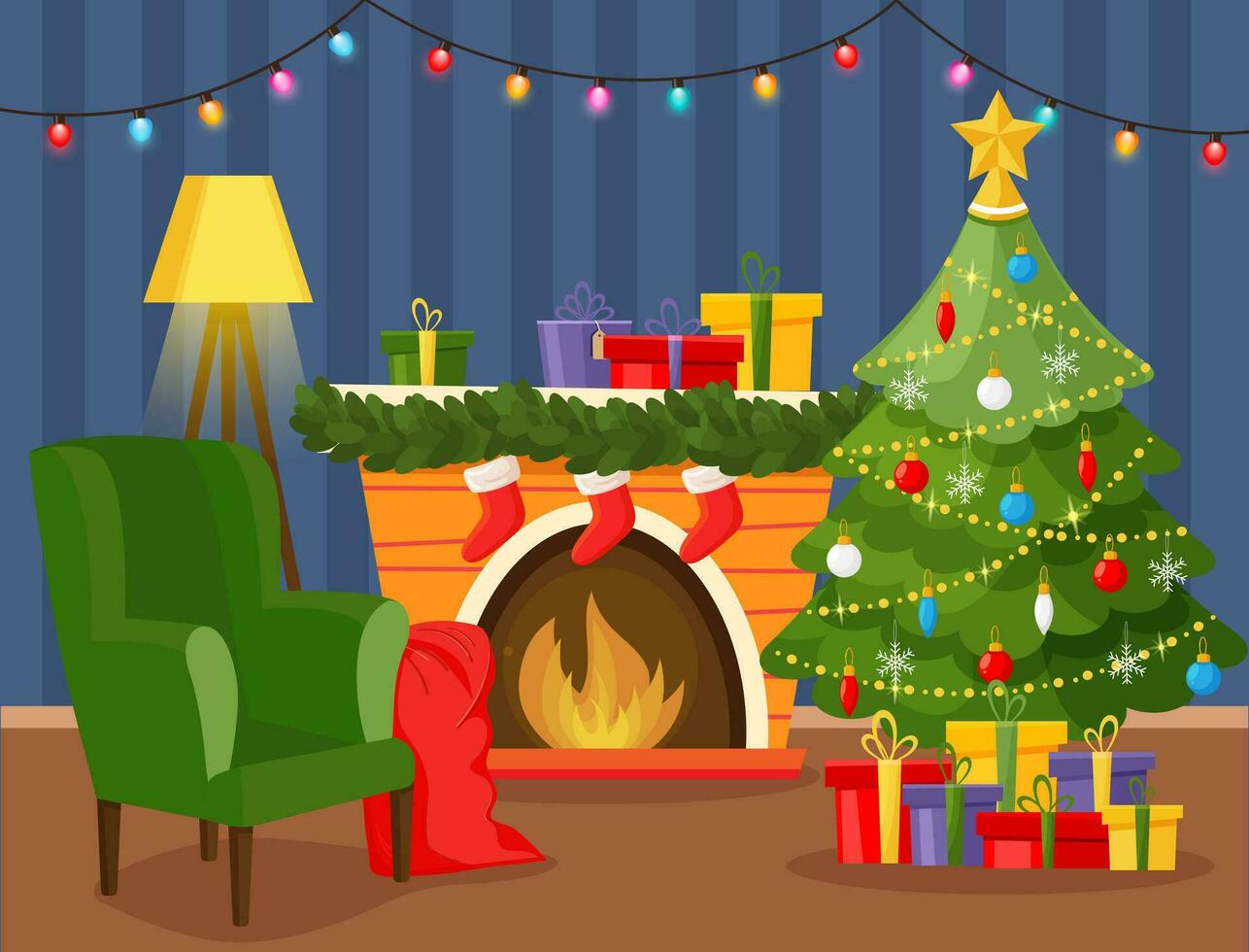 Kerstmis leven kamer interieur met Kerstmis boom, stoel, geschenken, lamp, haard, guirlande, lichten. vector illustratie in modern vlak stijl.