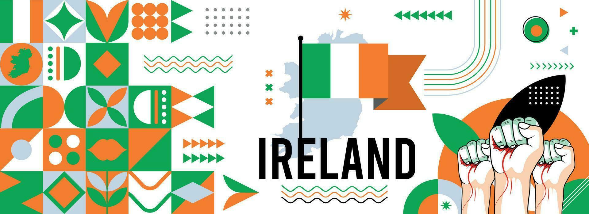 Ierland nationaal of onafhankelijkheid dag banier voor land viering. vlag en kaart van Ierland met verheven vuisten. modern retro ontwerp met typorgaphy abstract meetkundig pictogrammen. vector illustratie.