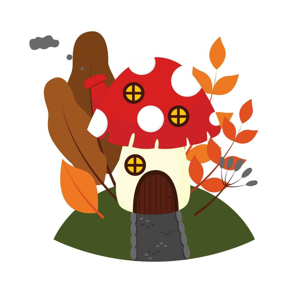 sprookje paddestoel huis. tekenfilm huis vlieg agaric. fantasie huis van Woud gnoom of elf. kinderen herfst ontwerp. vector illustratie geïsoleerd Aan wit achtergrond