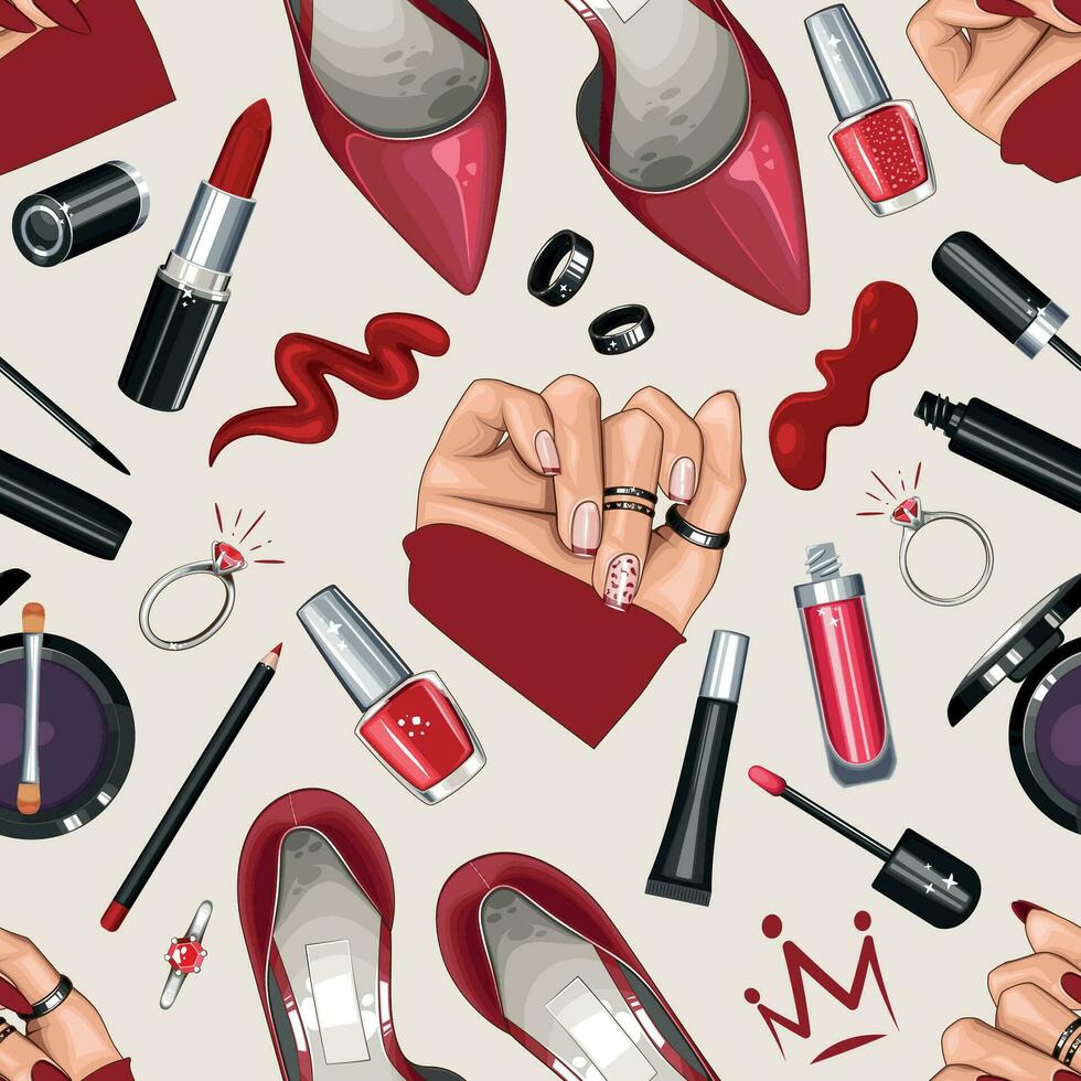 mode naadloos patroon met schoenen, nagels, manicuren, verzinnen. schoonheid naadloos achtergrond. naadloos patroon met mode accessoires. perfect voor schoonheid salon decoratie, schoonheid blog, mode blog vector