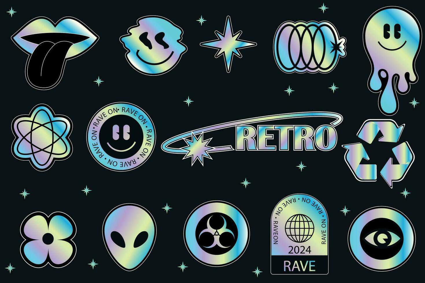 reeks van holografische retro futuristische stickers. stickers met iriserend folie Zelfklevend film met symbolen en voorwerpen in y2k stijl. holografische futuristische etiketten. vector illustratie