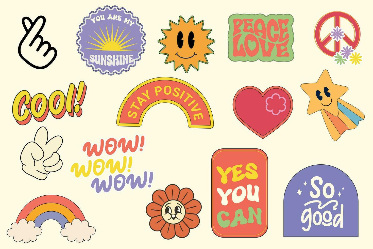 modieus kleurrijk reeks stickers met glimlachen gezicht en tekst. verzameling van tekenfilm vormen, positief slogans. sticker pak in modieus retro trippy stijl. hippie jaren 60, jaren 70 stijl. vector illustratie.