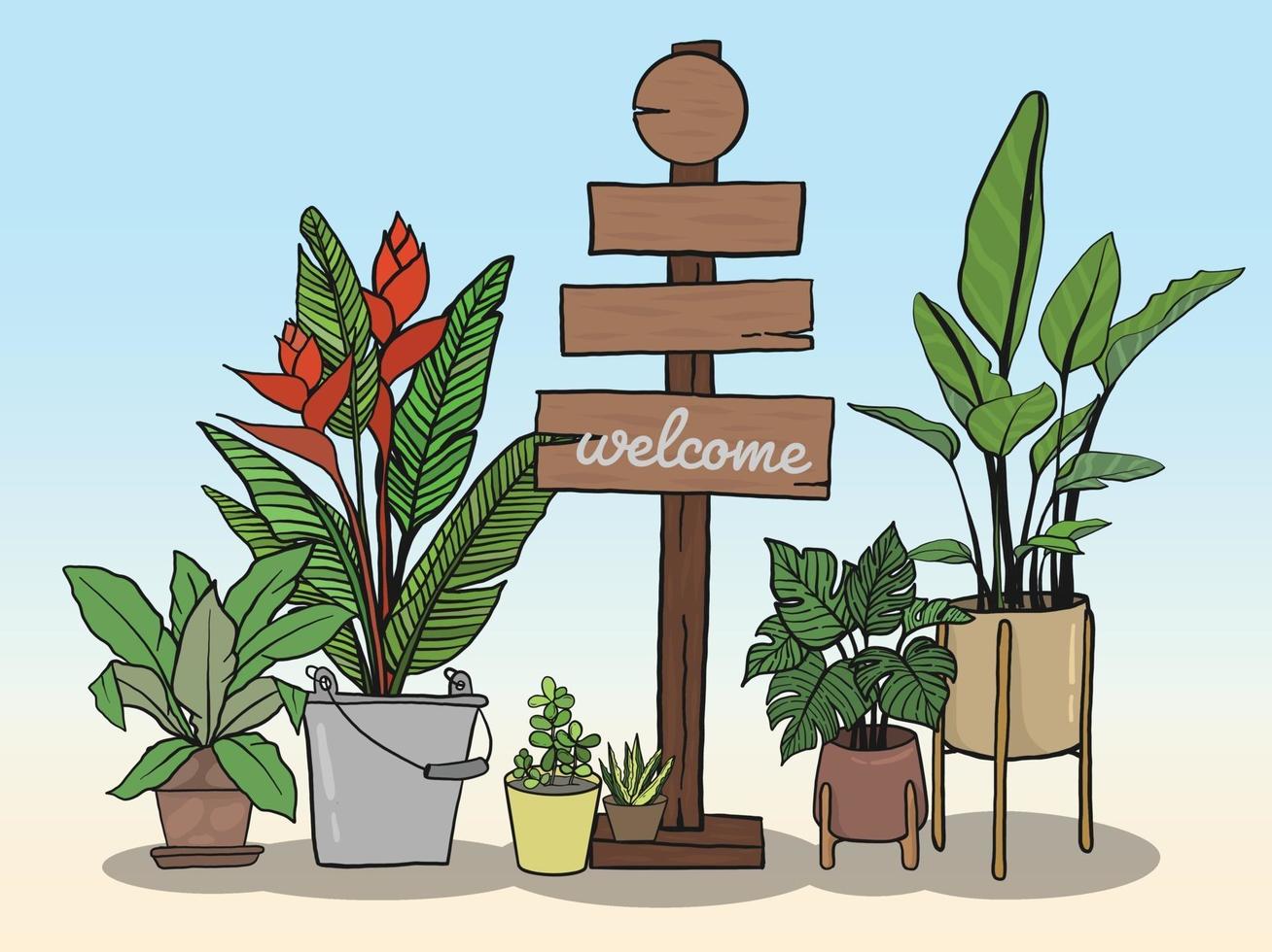 houten bord en potplanten voor het schrijven van berichten vector