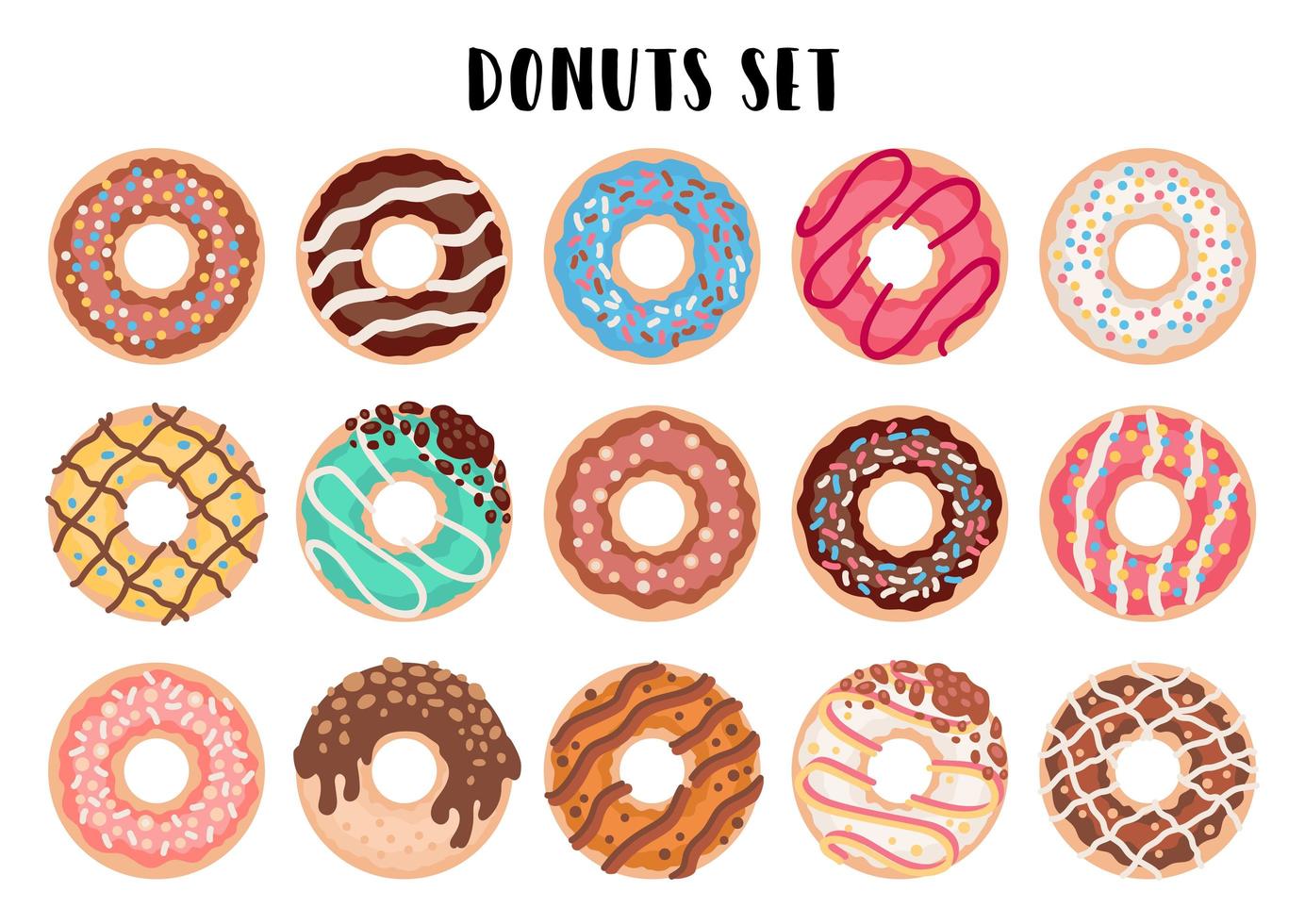 set van 15 cartoon kleurrijke donuts op wit vector
