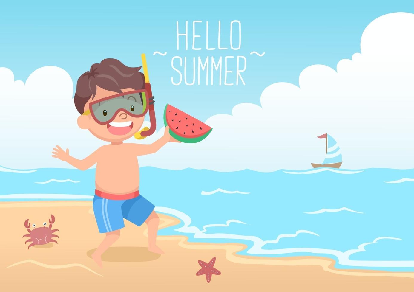 schattige jongen met snorkel met watermeloen hallo zomer vector