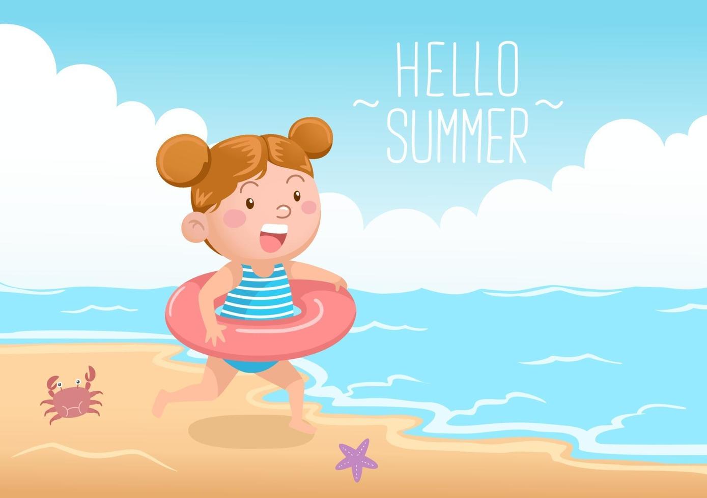 schattig meisje met zwemmende donut op het strand hallo zomer vector