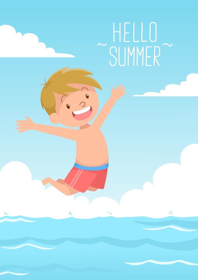 schattig kind springt om te zwemmen hallo zomer vector