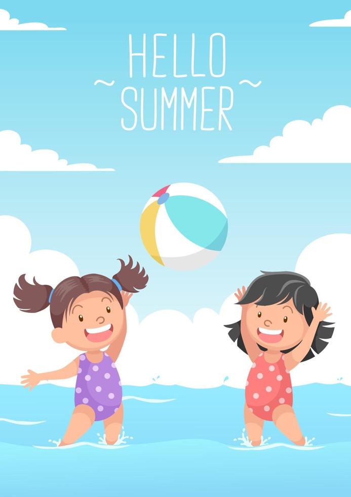 leuke meiden die strandbal spelen hallo zomer vector