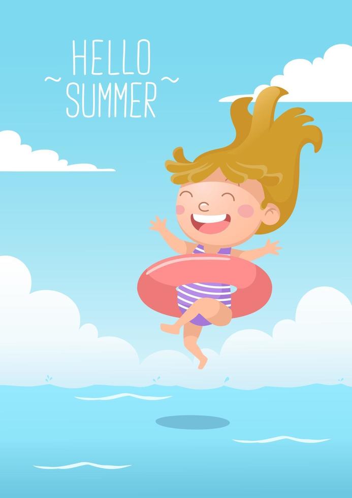 schattig meisje springt om te zwemmen met zwemmende donut hallo zomer vector