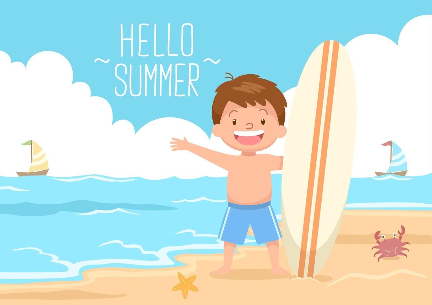 schattig kind met surfplank op het strand hallo zomer vector