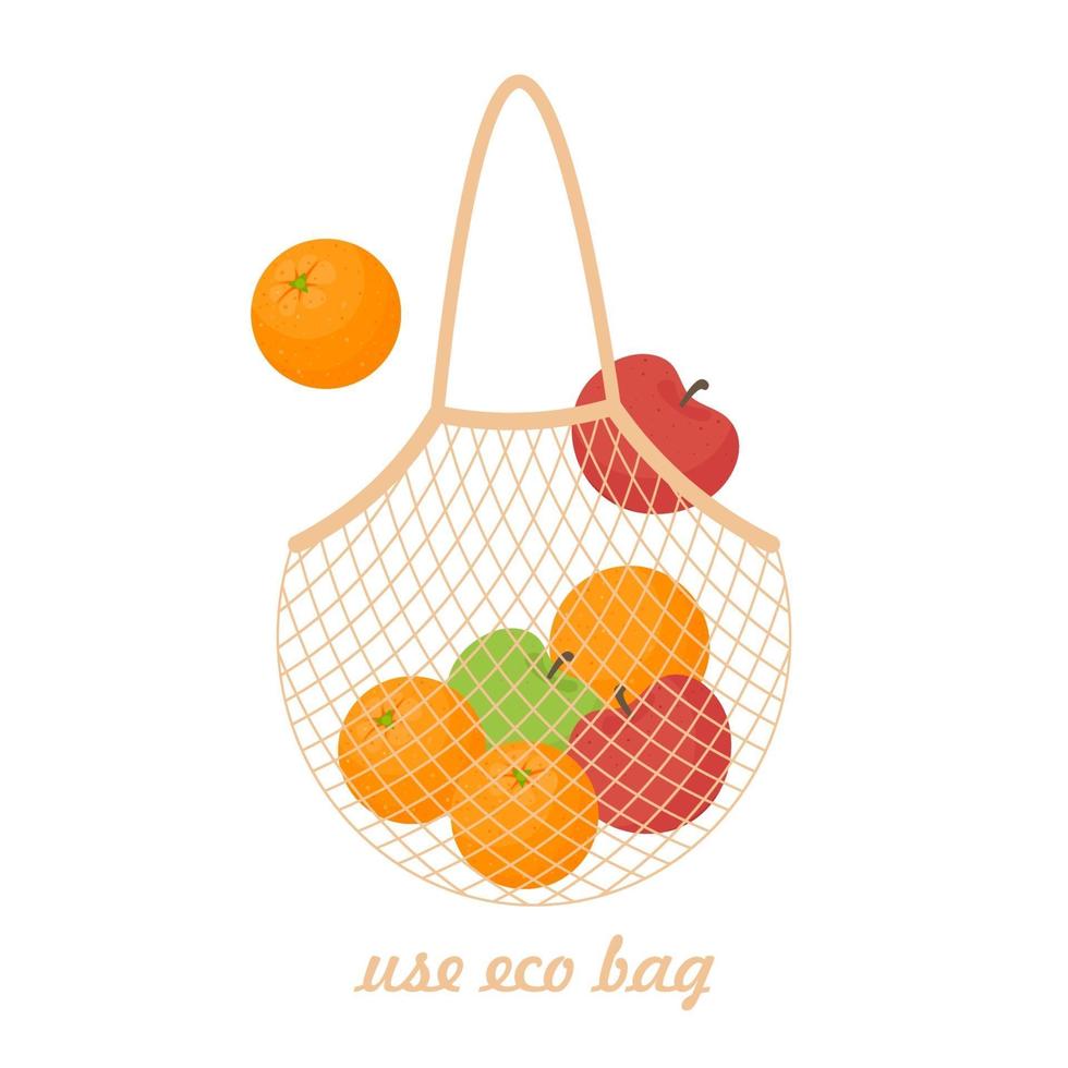 zero waste stringbag met appel en sinaasappelfruit. vector illustratie
