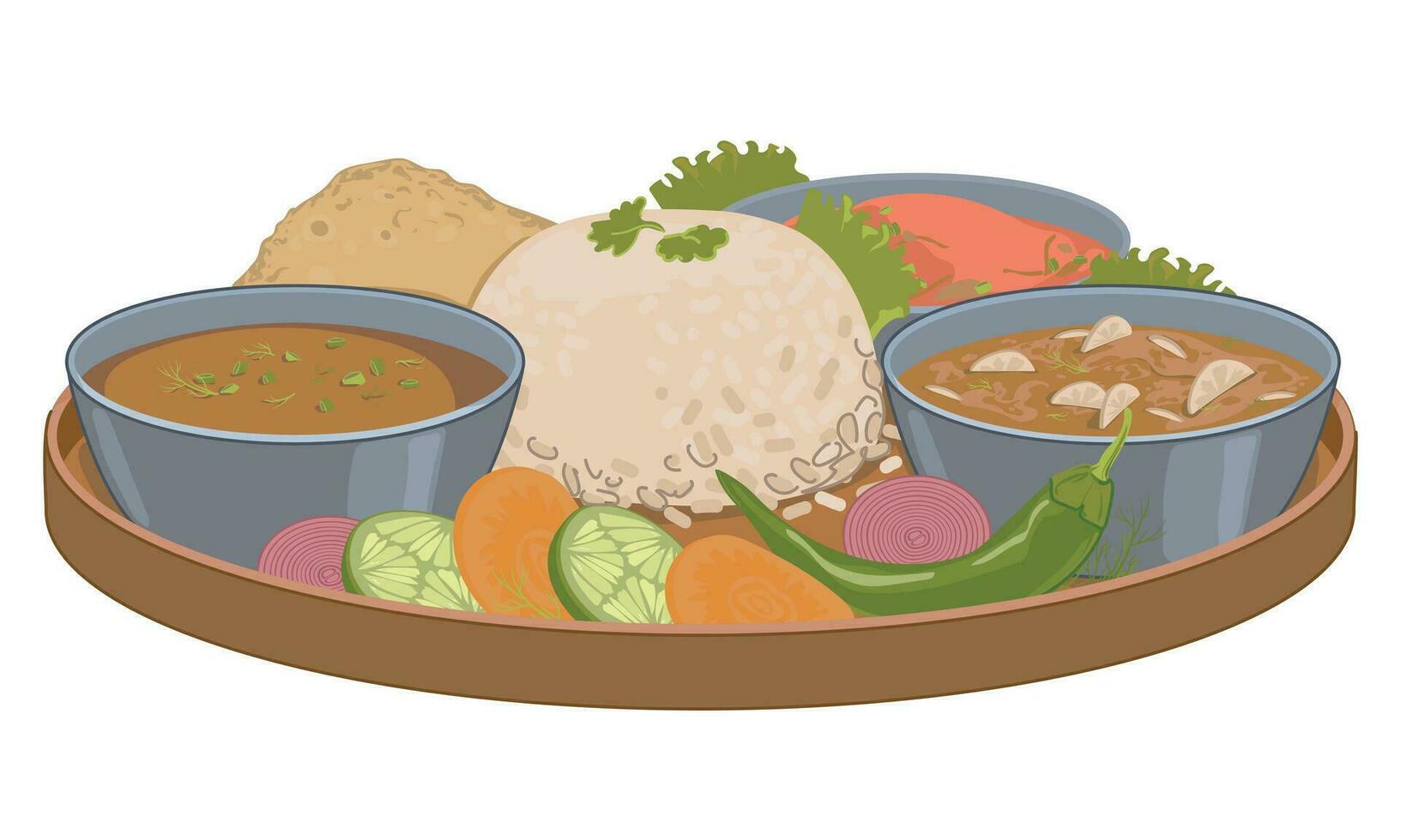 nepalese thali reeks dal bhat, vegetarisch gerecht. vector, vlak stijl. wit gekookt rijst, kerrie, plat brood, saus, yashgurt, groenten, dal, pittig kruiden. gemakkelijk voedsel voor sterkte in de bergen. vector
