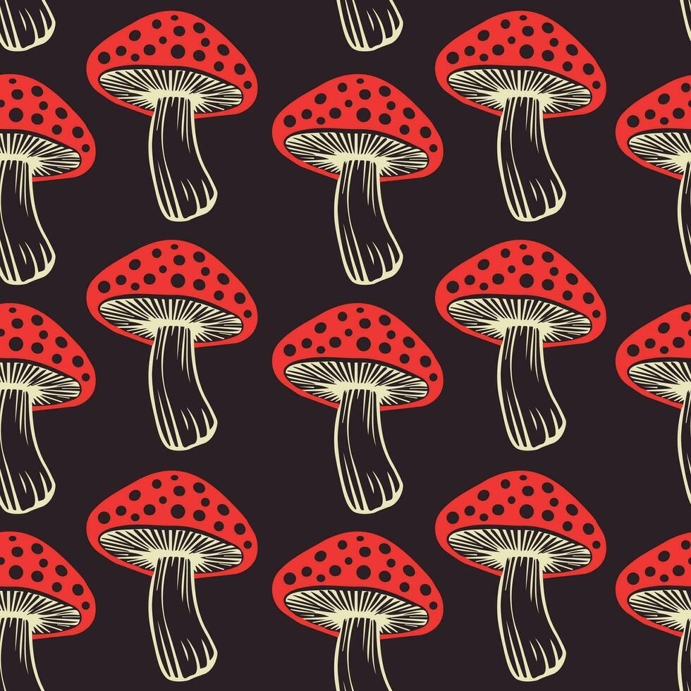 naadloos patroon. vector vlak vlieg agaric paddestoel donker achtergrond. amanita. wijnoogst kleuren