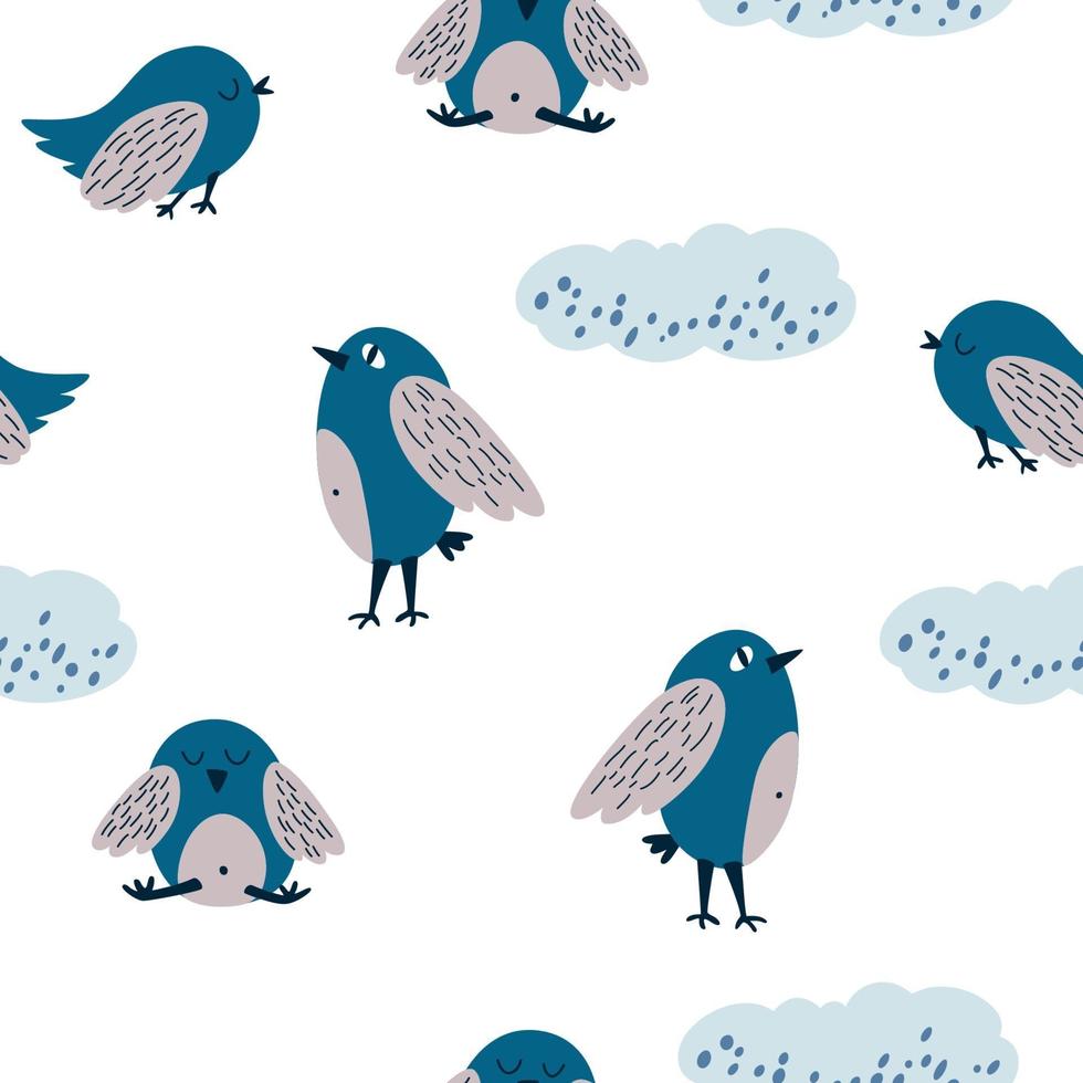 vogels en wolken naadloos patroon. hand tekenen schattige vogels dus vector