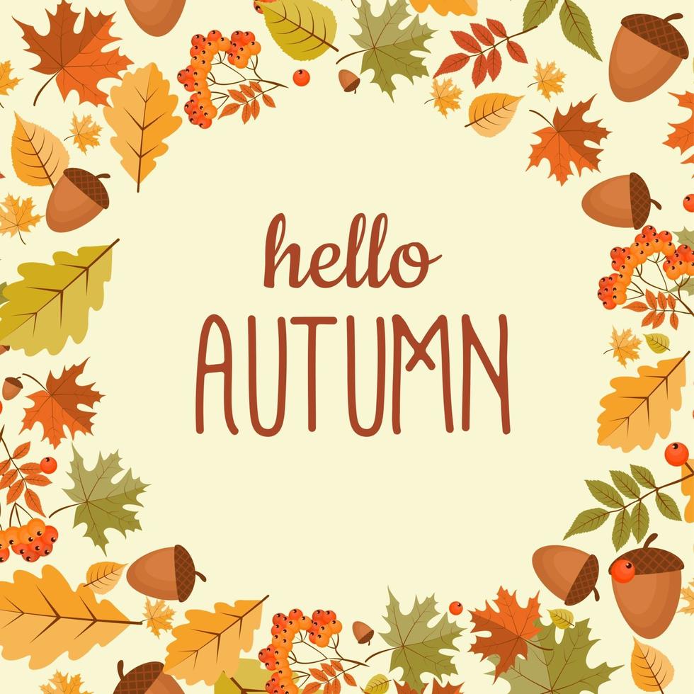 abstracte hallo herfst achtergrond met vallende bladeren, lijsterbes en eikel. vector