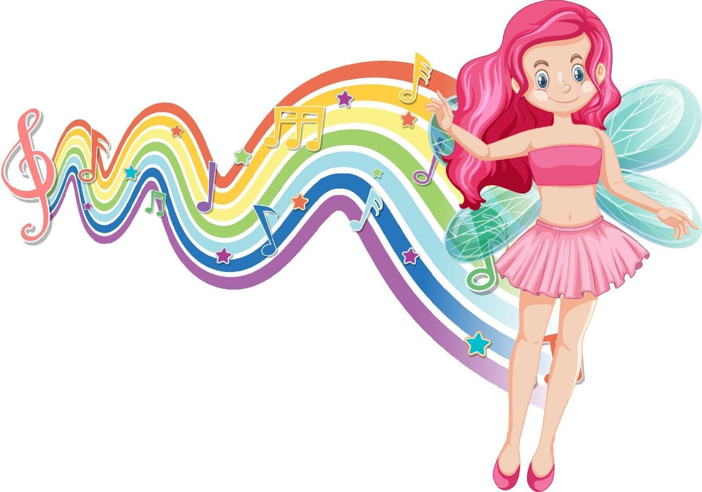 schattige fee stripfiguur met melodie regenbooggolf vector