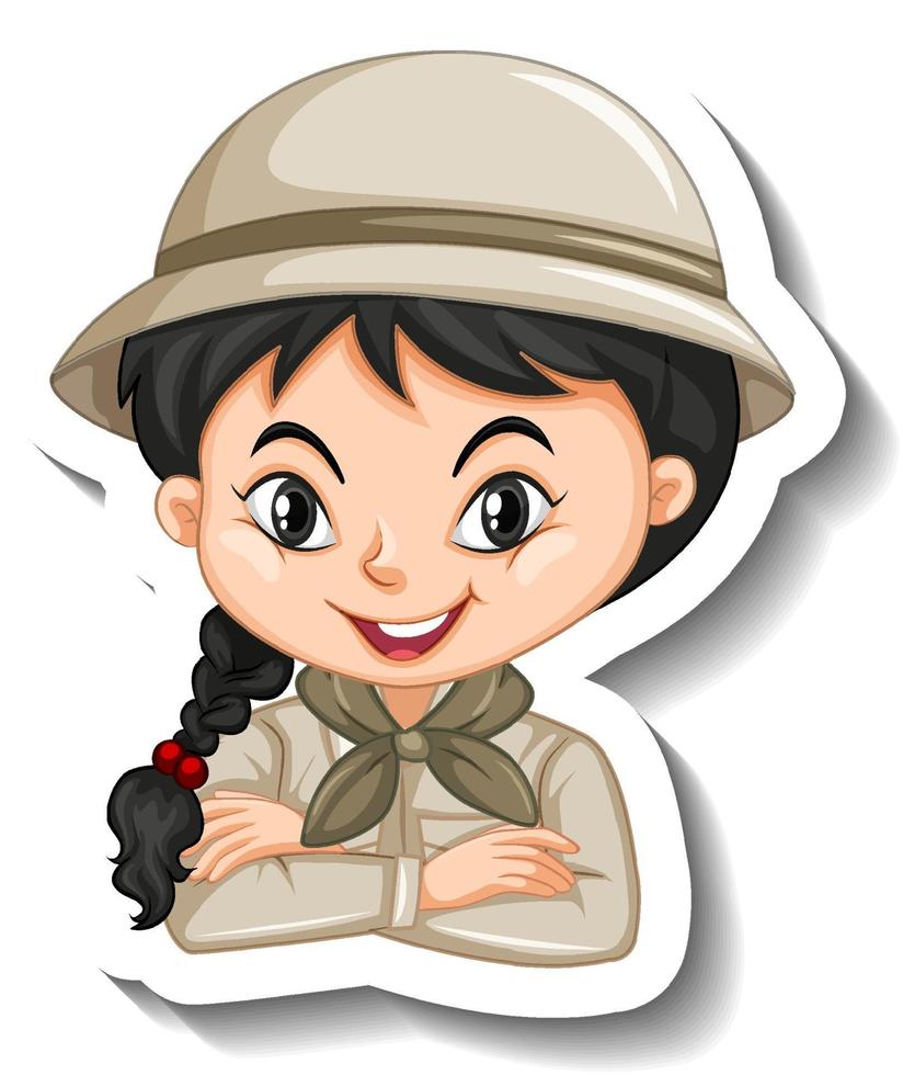 portret van meisje in safari-outfit stripfiguur sticker vector