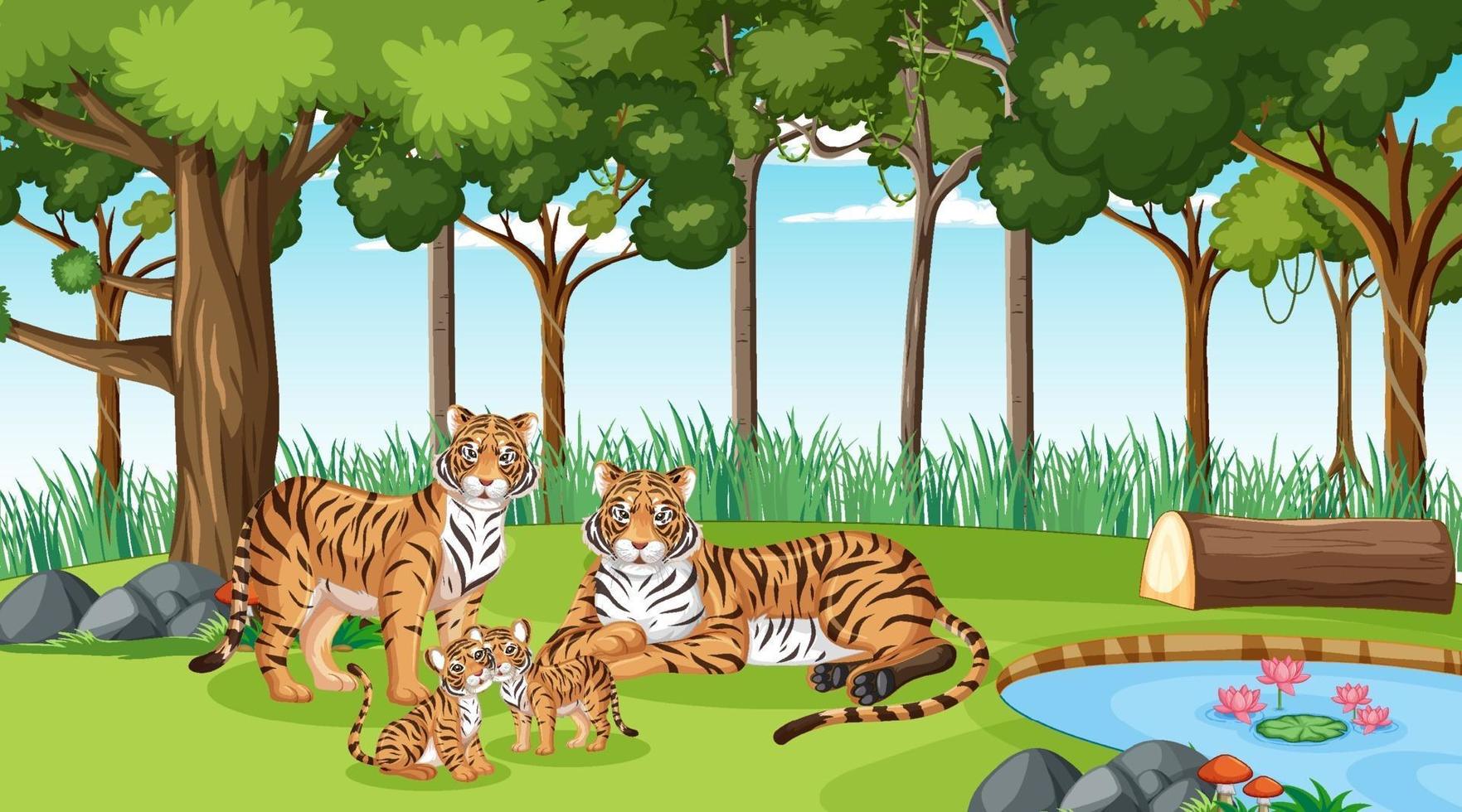 tijgerfamilie in bos- of regenwoudscène met veel bomen vector