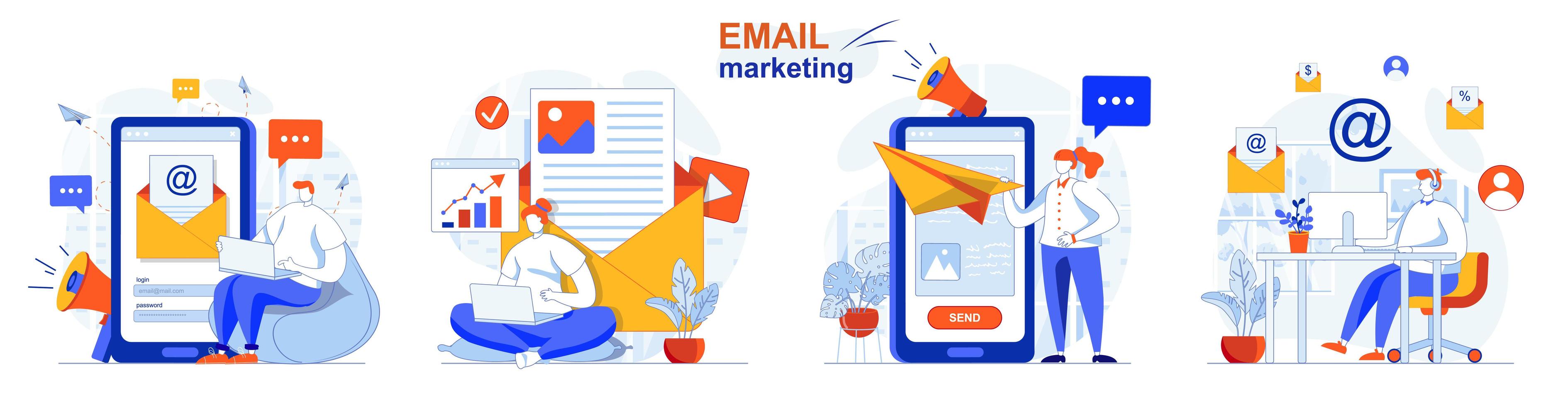 e-mailmarketingconcept plaats mensen geïsoleerde scènes in plat ontwerp vector