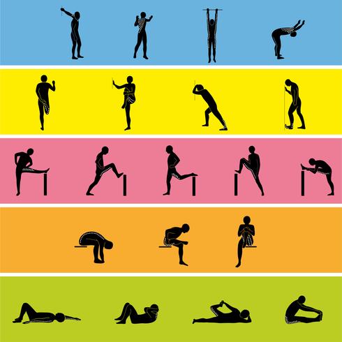 Stretching Exercise Icon Set om armen, benen, rug en nek te strekken. vector