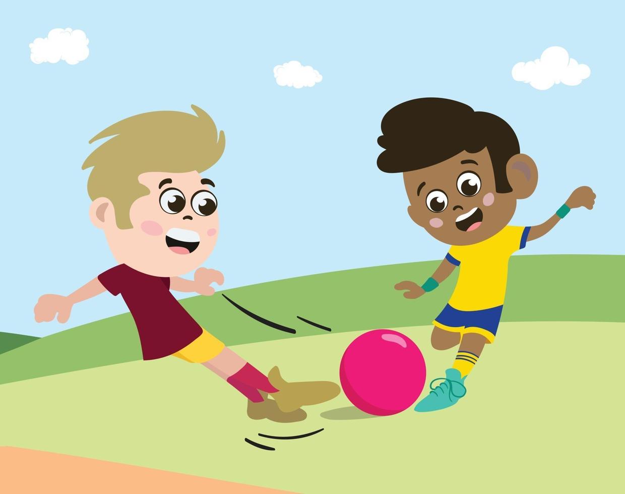kinderen van gemengd ras die voetbal of voetbal spelen vector