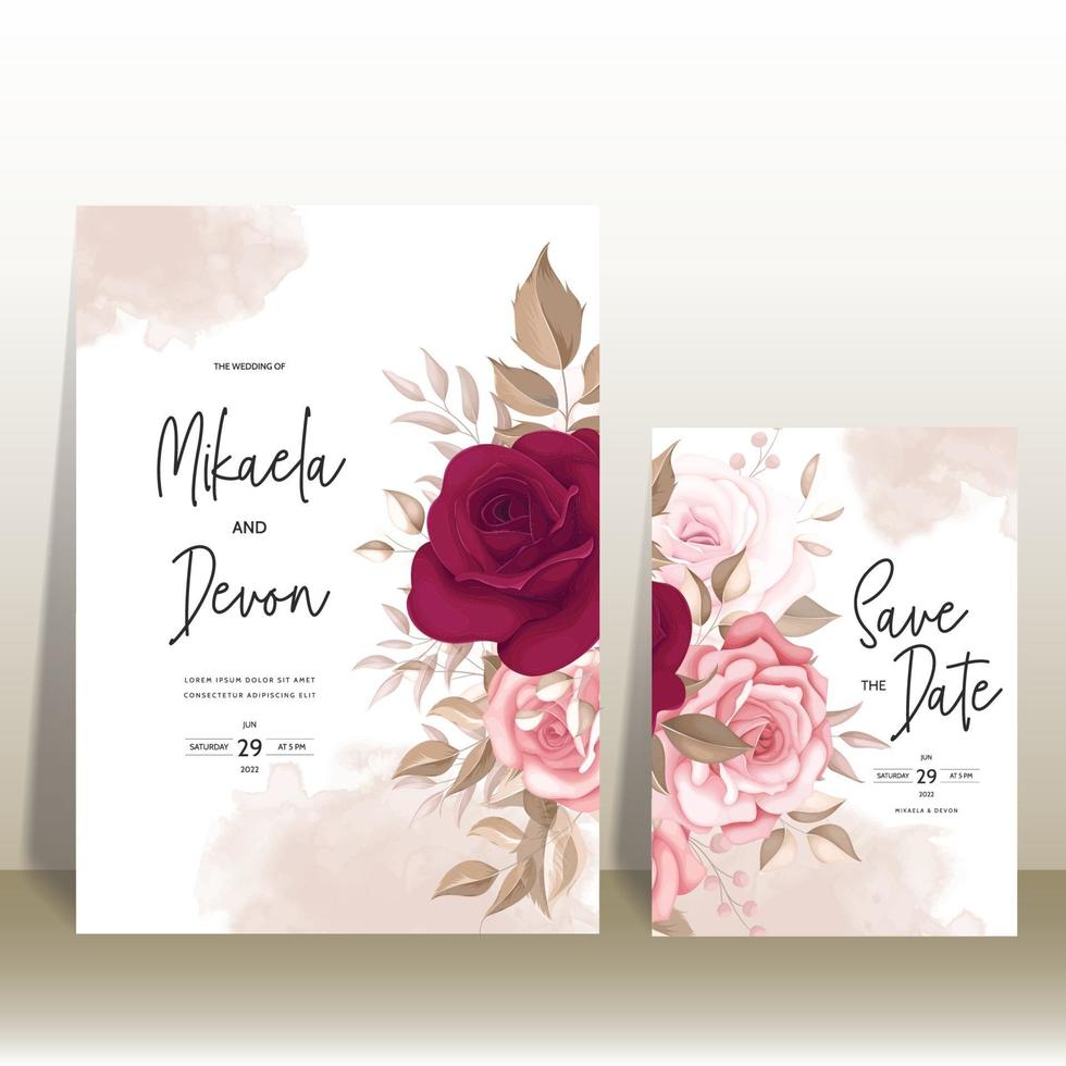 elegante huwelijksuitnodigingskaart met prachtige kastanjebruine rozen vector