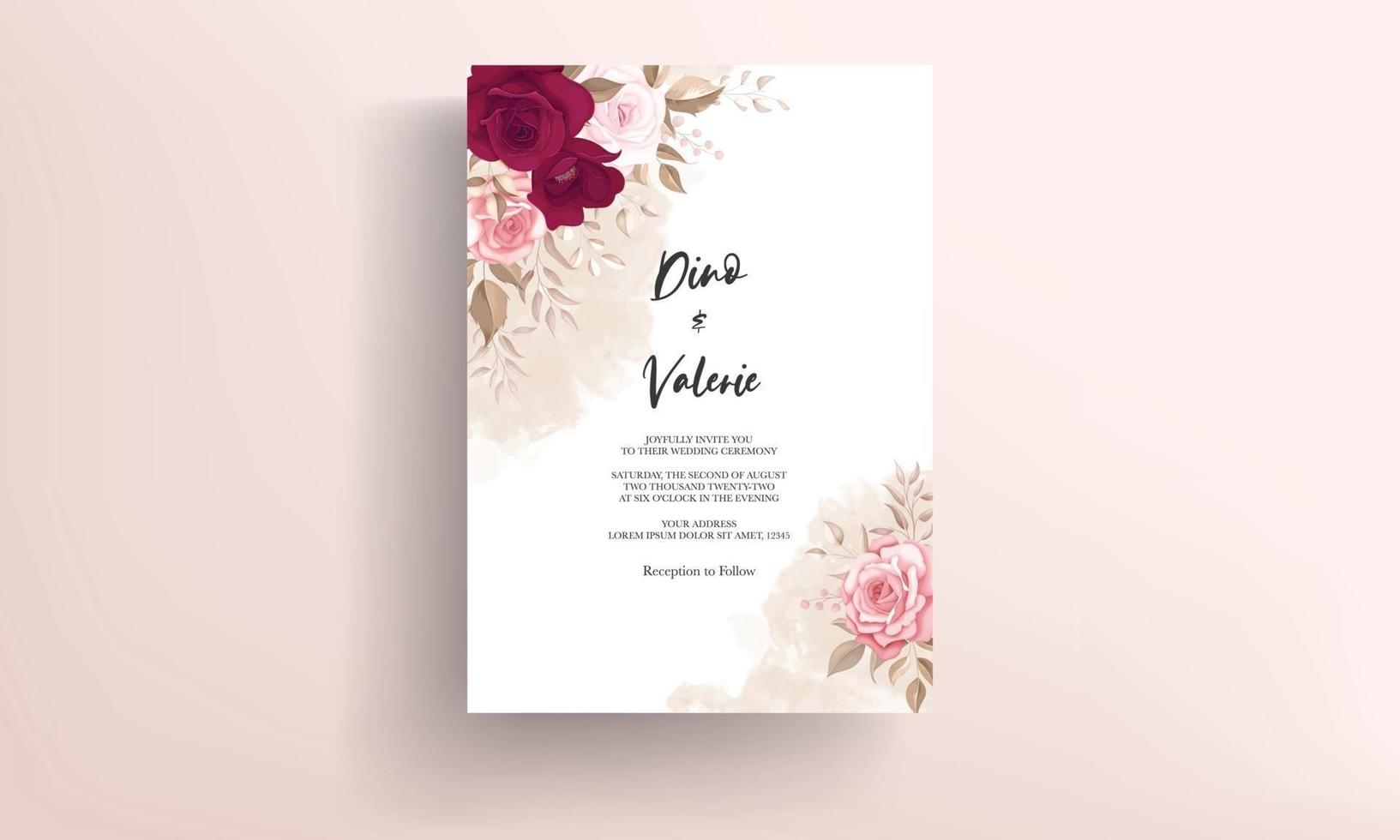 elegante huwelijksuitnodigingskaart met prachtige kastanjebruine rozen vector