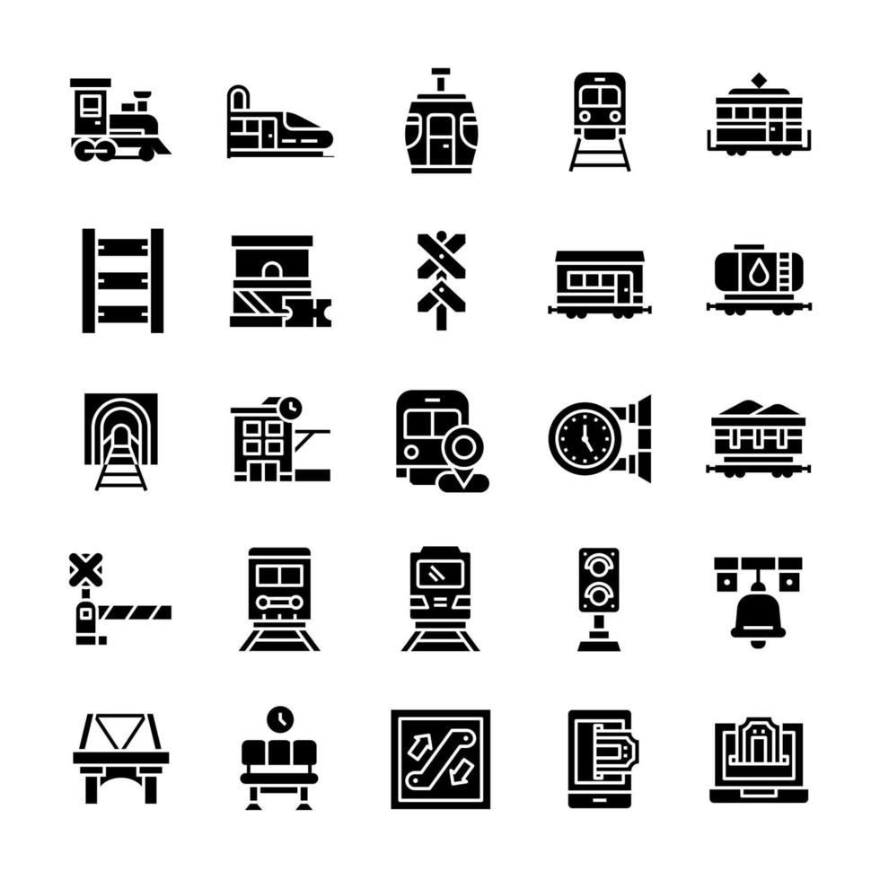 set van spoorwegpictogrammen met glyph-stijl. vector