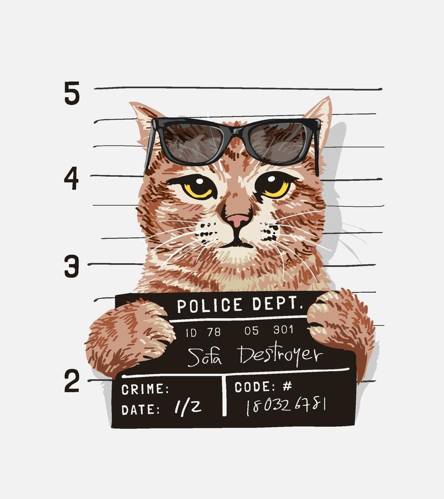 een coole kat met een zonnebril die een mugshot-tekenillustratie vasthoudt vector