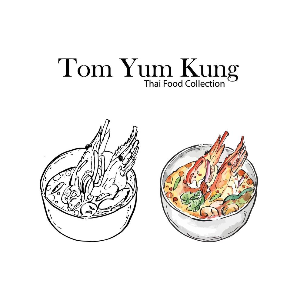 tom yum kung, garnalen pittige soep, tekening schets vector